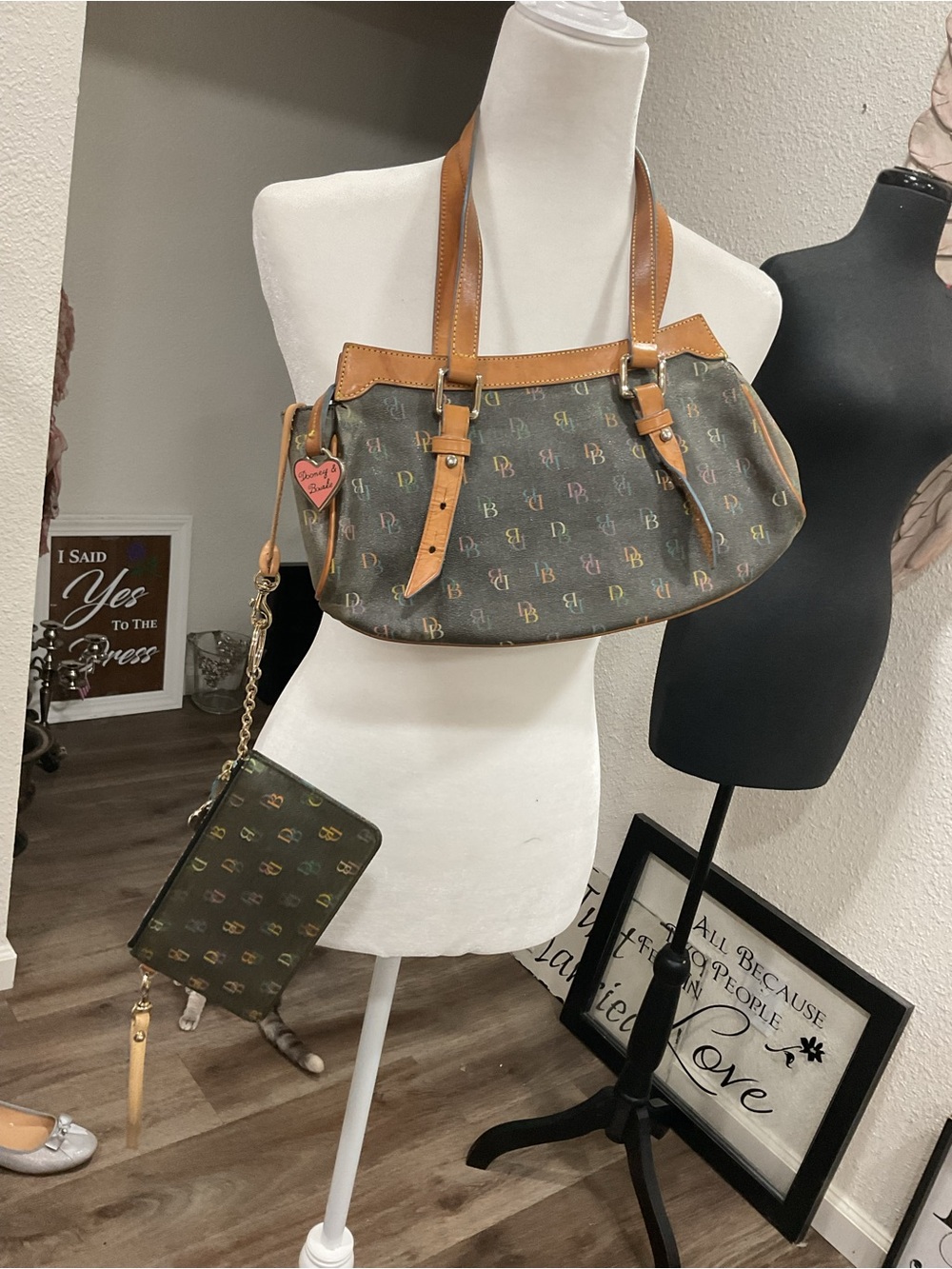 DB Monogram Brown Leather-Trim Satchel with Wristlet